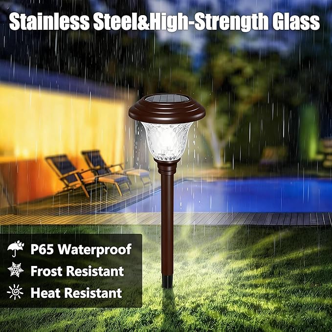 BEAU JARDIN 8 Pack Solar Pathway Lights White+Color Changing Stainless Steel 3 Mode Outdoor Multicolor Metal Solar Powered Waterproof Glass for Garden Landscape Path Yard Walkway Driveway Bronze