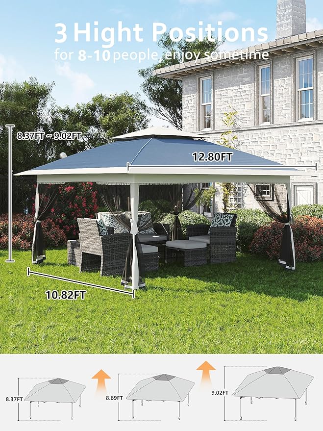 13 X 13FT Pop Up Gazebo, Canopy Tent, Gazebos on Clearance,Patio Folding Canopy with Mosquito Netting - Backyard Tent for Party, Wedding, Outdoor Dining, Patio, Backyard(Navy Blue+Hemp Grey)