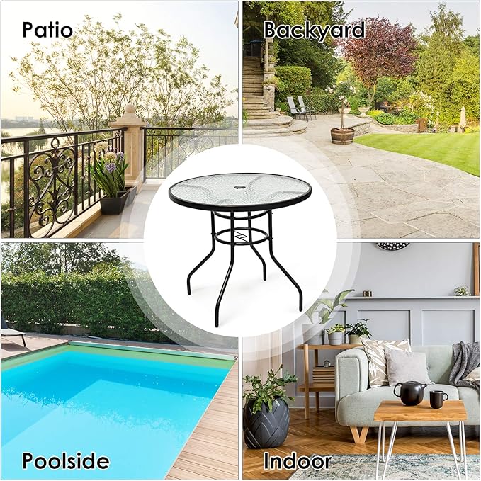 Tangkula 32" Round Outdoor Table with Tempered Glass Top, Patio Dining Table with Umbrella Hole & Metal Frame, Outside Bistro Table for Backyard, Lawn, Deck & Poolside