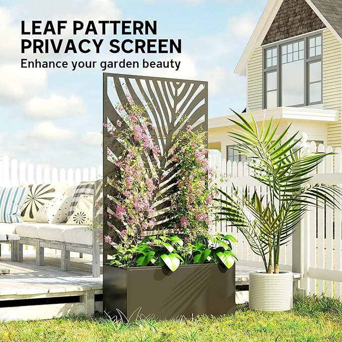 Outsunny Metal Planter Box with Trellis, 71" Tall Raised Garden Bed with Trellis Privacy Screen for Climbing Plants, Large Leaf Cut-Out Privacy Planter for Garden, Patio, Balcony