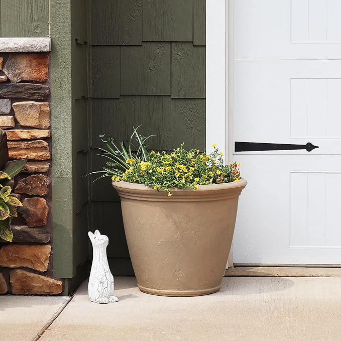 Sunnydaze 24-Inch Anjelica Large Plastic Pot for Plants - Outdoor Double-Walled Large Plastic Planter with Drillable Drainage Holes - Beige - 4pk