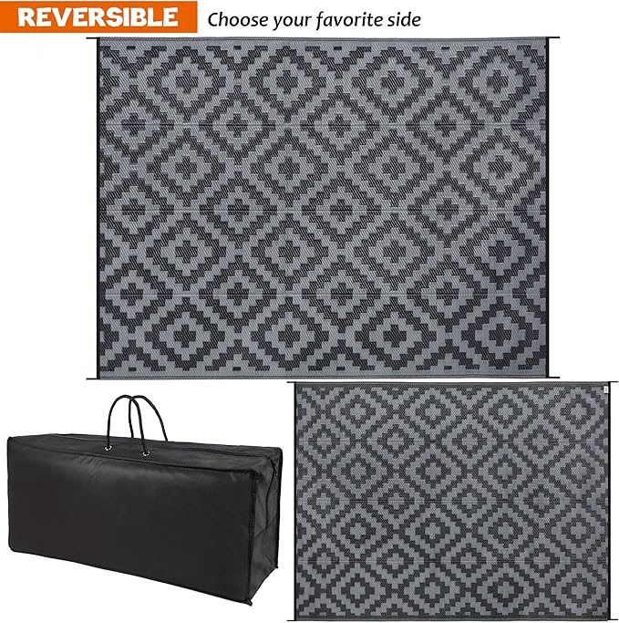 SAND MINE Waterproof Outdoor Rug 9x12 ft, Plastic Reversible Rug, Modern Area Rug, Large Floor Mat for Outdoors, RV, Patio, Backyard, Deck, Picnic, Beach, Camping, Black Grey Lattice
