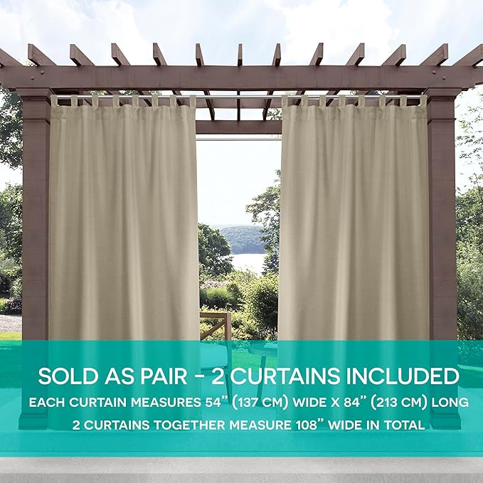 Exclusive Home Cabana Solid Indoor/Outdoor Light Filtering Hook-and-Loop Tab Top Curtain Panel Pair, 54"x144", Taupe