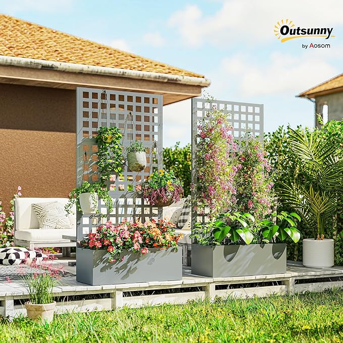 Outsunny Galvanized Raised Garden Bed with Trellis, Metal Planter Box with Drainage Holes, Outdoor Privacy Screen for Climbing Plants, Vegetable, Vines, 35" x 16" x 70", 2 Pack, Gray Wood Effect
