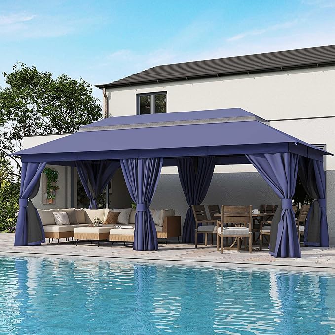 LAUSAINT HOME Semi-Permanent Outdoor Patio Gazebo 10'x20', Heavy Duty Party Tent Shelter with Double Roofs, Mosquito Nettings and Privacy Screens for Backyard, Garden, Lawn, Navy Blue