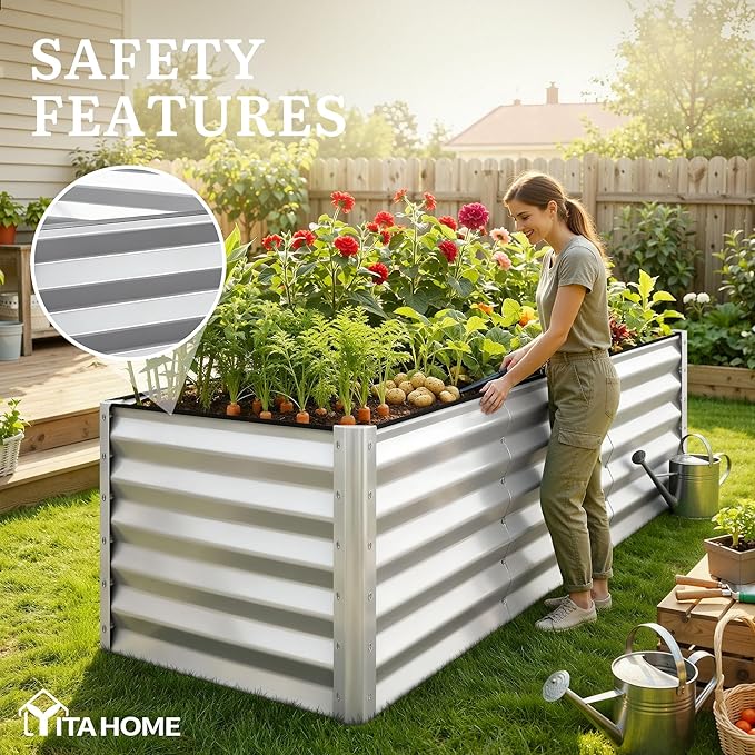 YITAHOME 8x4x3ft Large Raised Garden Bed Kit, Galvanized Metal Planter Box with Gloves, Support Rod & Safety Rubber, Outdoor Above Ground Planters for Plants Vegetables Flowers, Silver