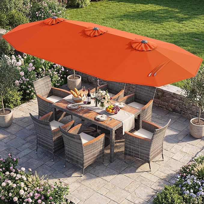 Tangkula 9 Pieces Rattan Outdoor Dining Set with 13Ft Solar Patio Umbrella for 6, Outdoor Wicker Table Set with 8 Cushioned Chairs, Acacia Wood Top, Outdoor Umbrella with Base Included