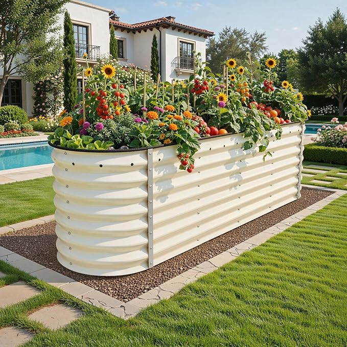 YITAHOME 24" Tall 9 in 1 Large Raised Garden Bed Kit, 8x2x2ft Galvanized Metal Planter Box with Gloves and Safety Rubber, Outdoor Above Ground Planters for Plants Vegetables Flowers, Cream Yellow