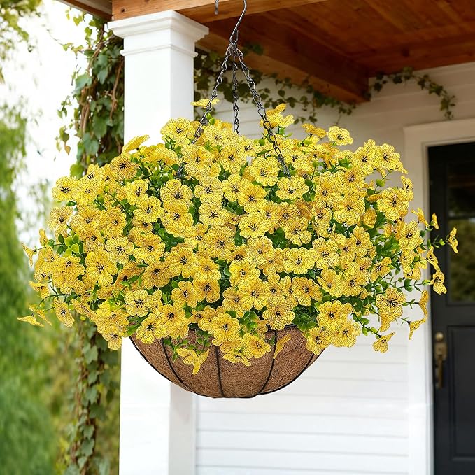 Artificial Faux Hanging Mums Plants Flowers Basket for Outdoors Summer Autumn Decoration,Hanging Planters with Fake Silk Daisy UV Resistant Realistic for Outside Porch Patio Balcony Garden Home Yellow