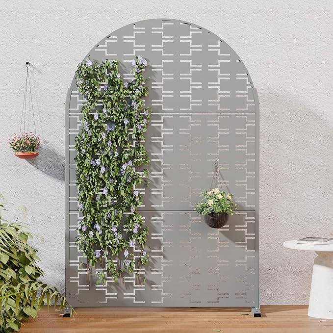 Casaphoria Metal Arched Privacy Screen Outdoor, 72" H x 47" W Freestanding Decorative Privacy Screen for Patio Deck Balcony Garden with Stable Base, Grey-Brick