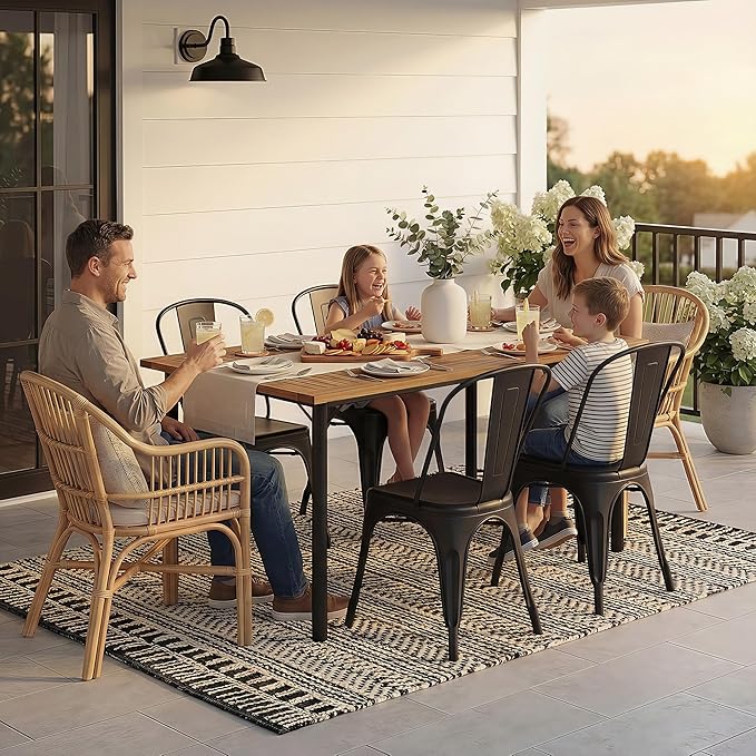 Flamaker Acacia Wood Patio Outdoor Dining Table for 6, Outdoor Table with Umbrella Hole and Metal Legs for Garden, 63’’L x 36’’ W x 30’’ H