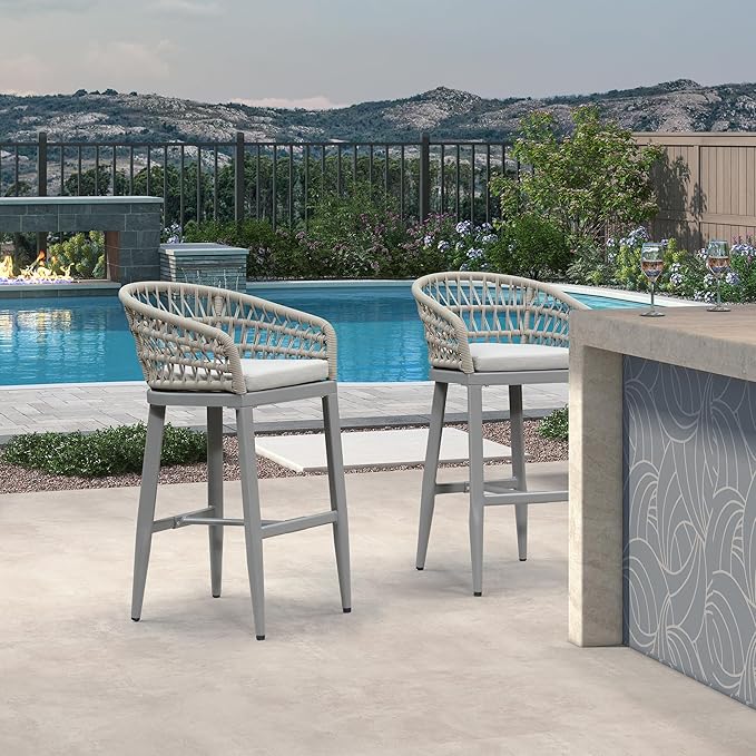 PURPLE LEAF Outdoor Rattan 29" Bar Stools Set of 2, Modern Boho Aluminum Patio Bar Height Chair with Cushion and Back for Garden Outdoor and Indoor, Light Grey