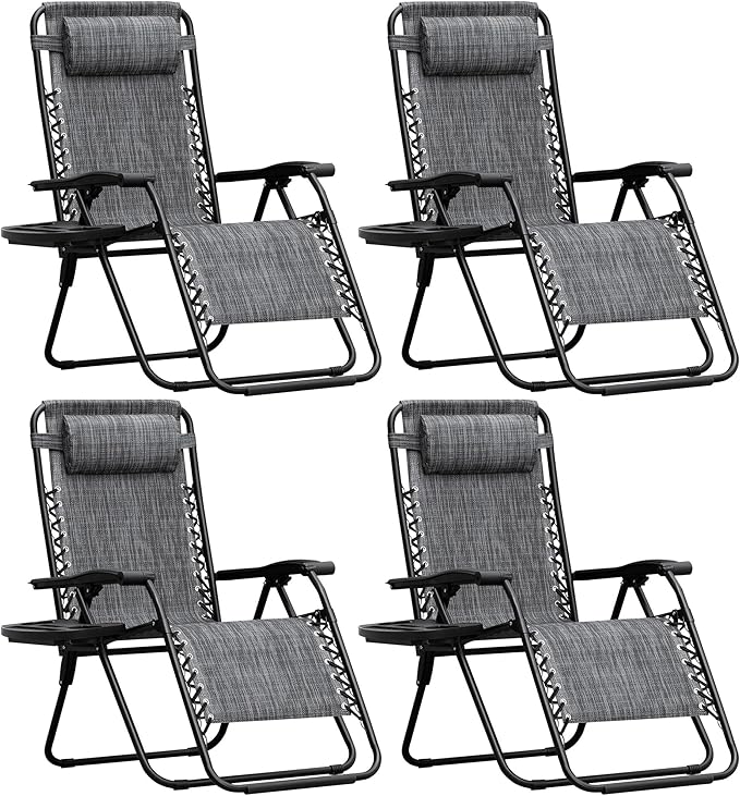 Homall Zero Gravity Chair Patio Folding Lawn Outdoor Lounge Reclining Chair with Cup Holder Pillows for Poolside Backyard and Beach Set of 4 Double Grey