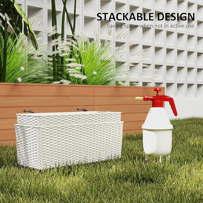 Outsunny Railing Planter Box (2 Pack, 20 Inch), Hanging Flower Pots with Hooks, Drainage Holes for Fence, Balcony, Garden, Patio, Rattan Look, White