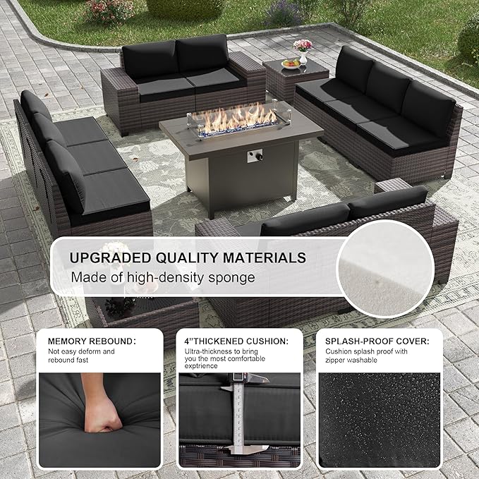 Kullavik 13PCS Outdoor Patio Furniture Set with 43" 55000BTU Gas Propane Fire Pit Table PE Wicker Rattan Sectional Sofa Patio Conversation Sets,Black