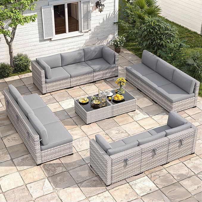 12-Seat Modular Patio Furniture Set – Outdoor Wicker Sectional Sofa with Thick 4″ Cushions, Dual-Strand PE Rattan, Rust-Resistant 18 mm Steel Frame, Backyard Garden Deck Lounge,Gray