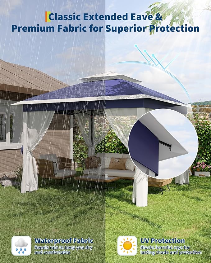 11'x11 Pop-Up Gazebo, Instant Outdoor Canopy Tent with Mosquito Nettings, Durable Steel Frame, Water, and UV Proof, for Patio, Garden, Courtyard, Party (Blue)