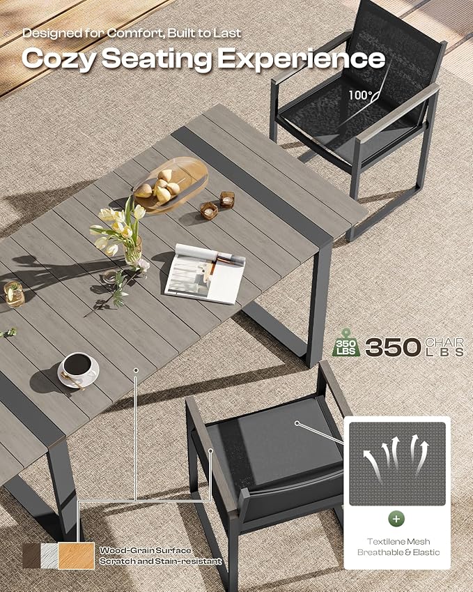 Outdoor Dining Set, HDPS + Aluminum Patio Table and Chairs Set with U-Shaped Base, 7 Piece Outdoor Furniture Set with Umbrella Hole, Patio Dining Table Set for Garden, Backyard (Gray)