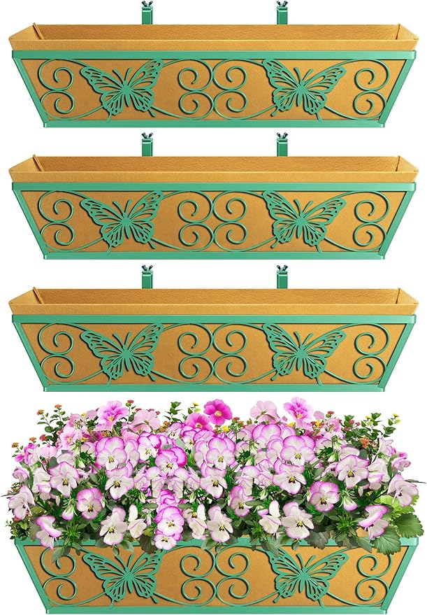 4 Pack 24 Inch Window Boxes Planters Railing Planter Box with Adjustable Brackets for Porch Fence Patio Balcony Hanging Flower Baskets with Woven Fabric for Outdoor Garden Decor - Green