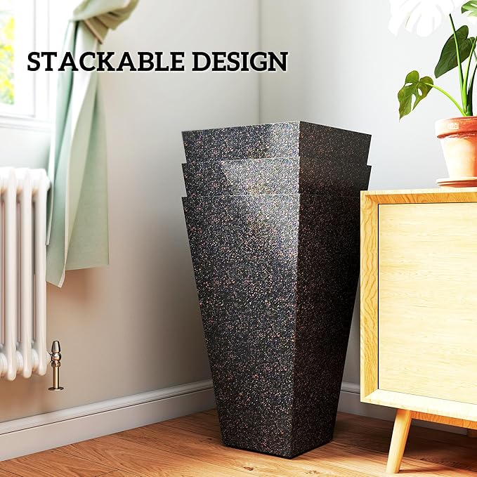 Outsunny 28 Inch Tall Planters for Outdoor Plants, Set of 3 Plastic Flower Pots with Marble Finish and Drainage Holes, Stackable Tapered Large Planters for Indoor Plants, Front Porch Decor, Brown