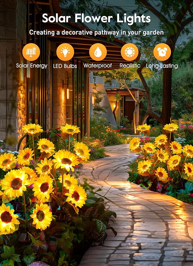 Brightown Outdoor Solar Garden Lights - 4 Pack LED Flower Lights with Larger Sunflowers, Bigger Solar Panel, Waterproof for Outside Yard Patio Garden Decorations