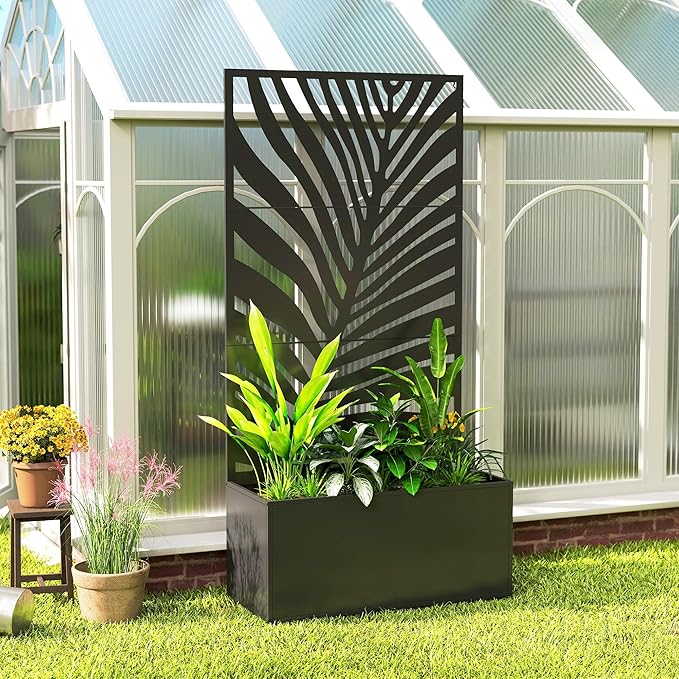 Outsunny Metal Planter Box with Trellis, 71" Tall Raised Garden Bed with Trellis Privacy Screen for Climbing Plants, Large Leaf Cut-Out Privacy Planter for Garden, Patio, Balcony