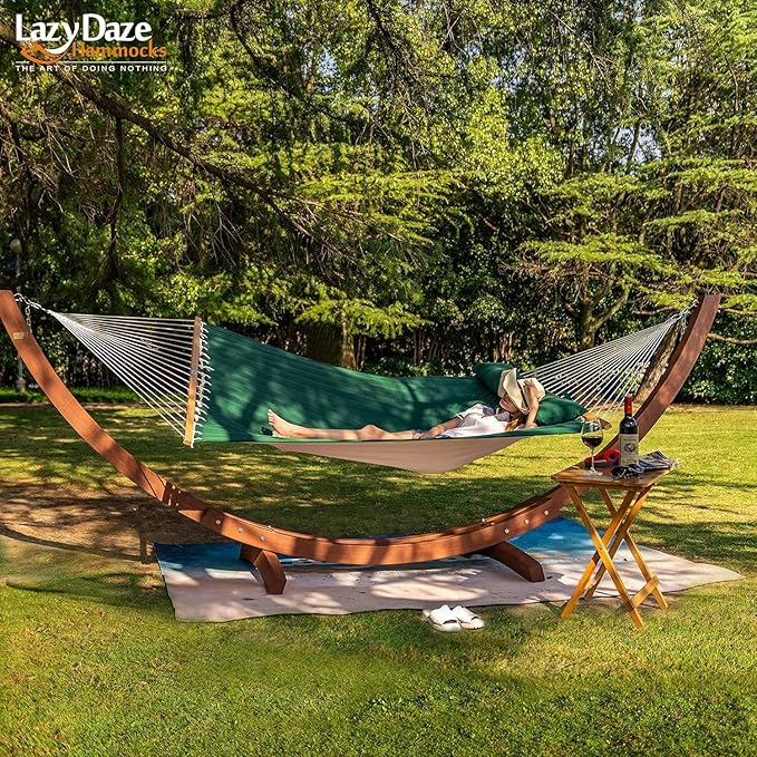 Lazy Daze Hammocks 12 FT Double Quilted Fabric Hammock with Spreader Bar and Detachable Pillow, 2 Person Hammock for Outdoor Patio Backyard Poolside, 450 LBS Weight Capacity, Dark Green