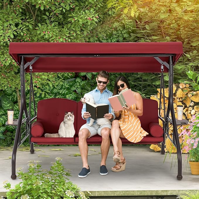 HOMREST 3 Seat Outdoor Porch Swing with Adjustable Canopy, Convertible Patio Swing Bed with Stand, Patio Glider Swing with Upgraded Cup Holder, Thicken Cushions ＆ Pillow for Backyard (Wine Red)
