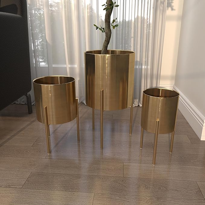 Deco 79 Metal Indoor Outdoor Planter Large Planter Pot with Removable Stand, Set of 3 Planters 18", 14", 12"H, Gold
