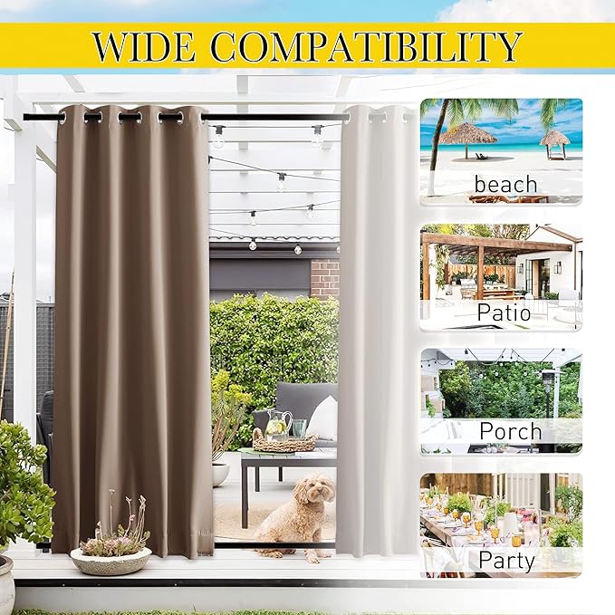 NICETOWN 2 Panels Blackout Patio Waterproof Outdoor Curtains, Thermal Insulated Top & Bottom Grommet & Back Tab Windproof Light Block Drapes Privacy for Pergola with Fixed Ropes, W46 x L80, Tan-Khaki