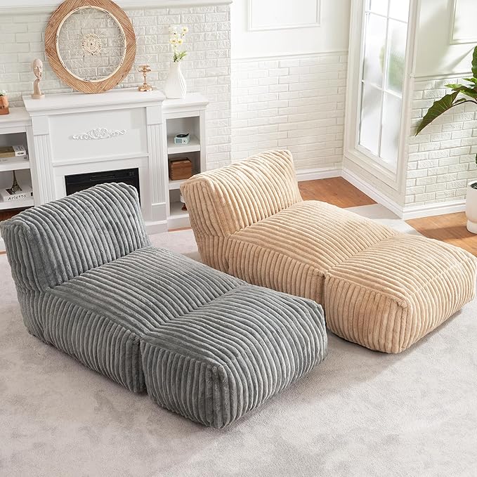 Hobestluk Big Bean Bag Lounger Chairs Large Beanbag Chair for Adults Bean Bag Sofa with Memory Foam Filled for Living Room, Bedroom or Balcony (Stripe Khaki)