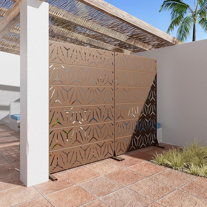 Casaphoria Metal Privacy Screen Outdoor, 72" H x 47" W Freestanding Decorative Privacy Screen for Patio Deck Balcony Garden with Stable Base, Brown Star