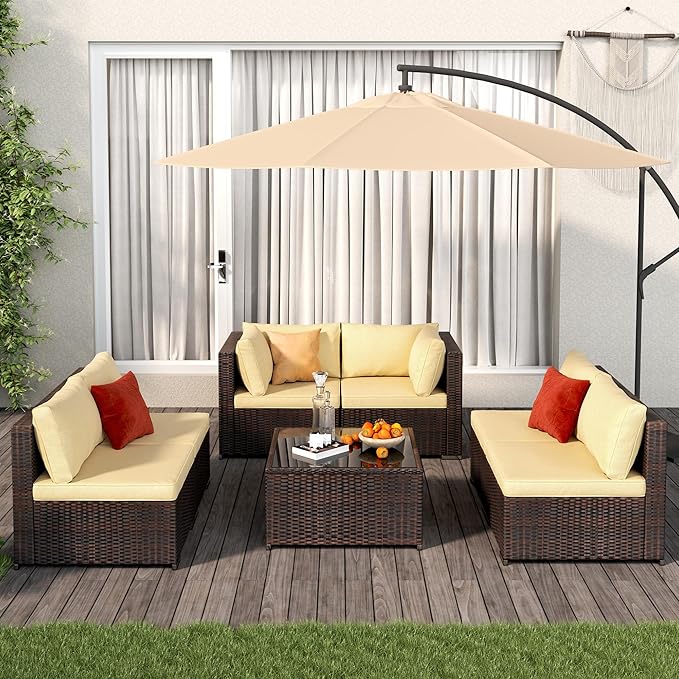 Patio Furniture Sets 7 Pieces Outdoor Sectional Rattan Sofa Manual Weaving Wicker Patio Conversation Set with Glass Table and Cushion (Beige)