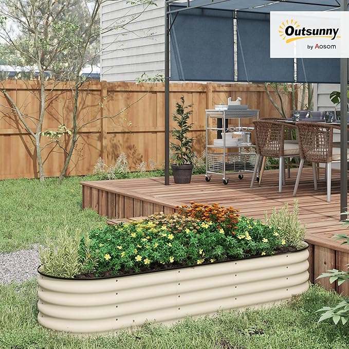 Outsunny 6.5' x 2' x 1.4' Galvanized Raised Garden Bed Kit, Outdoor Metal Elevated Planter Box with Safety Edging, Easy DIY Stock Tank for Growing Flowers, Herbs & Vegetables, Cream