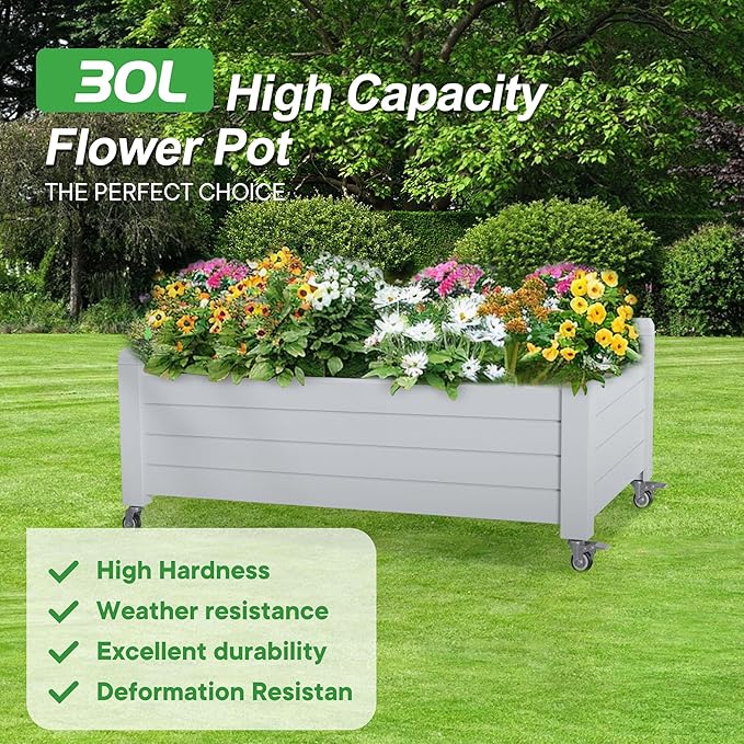 Raised Garden Bed with Wheels, 21 Gallon Self-Watering Outdoor Raised Planter Box with Drainage Plug & Gauge for Vegetables Flowers Herbs, Rustproof Resin for Backyard Patio Porch (Ashen)