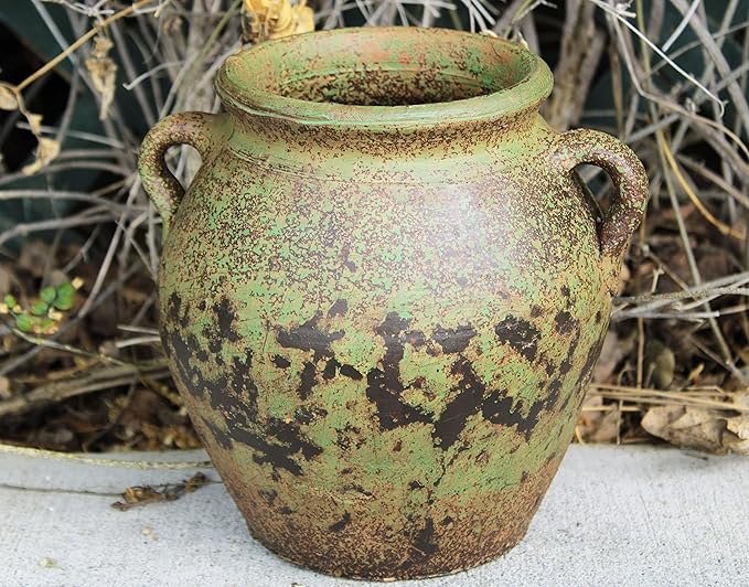 Egyptian Era Designed Earthen Ware Terra-Cotta Vessel/Planter with Looped Handles (Fat Belly Winter Green)