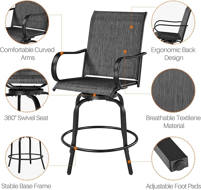 Yaheetech Patio Swivel Bar Stools Outdoor Chairs Set of 2 Outdoor High Bistro Stools Outdoor Furniture, All-Weather Patio Stools for Outside, Beach, Lawn, Poolside and Garden, Black