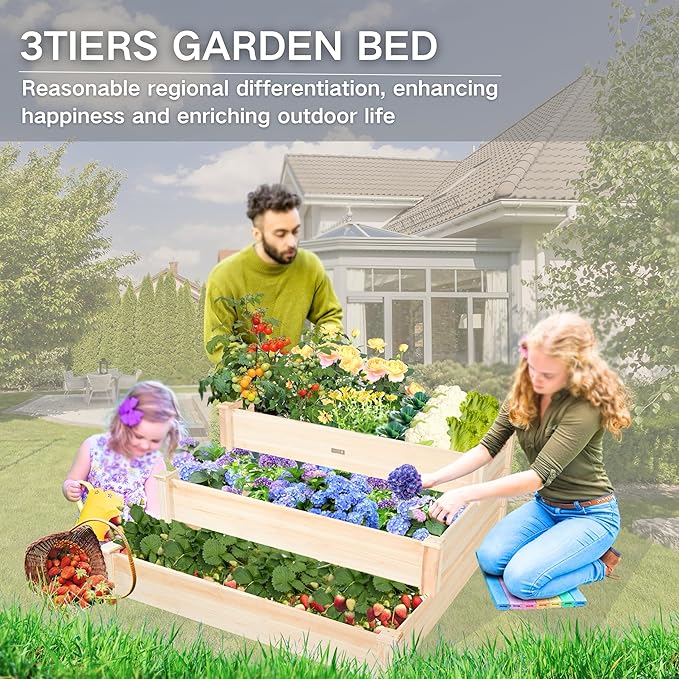 3-Tier Raised Garden Bed with Fabric Liner, Wood Elevated Planter Box with Dovetail Joint Design, 3 Dividable Bed Kit for Vegetables/Herbs/Flowers, Outdoor Gardening for Patio, Lawn, Balcony