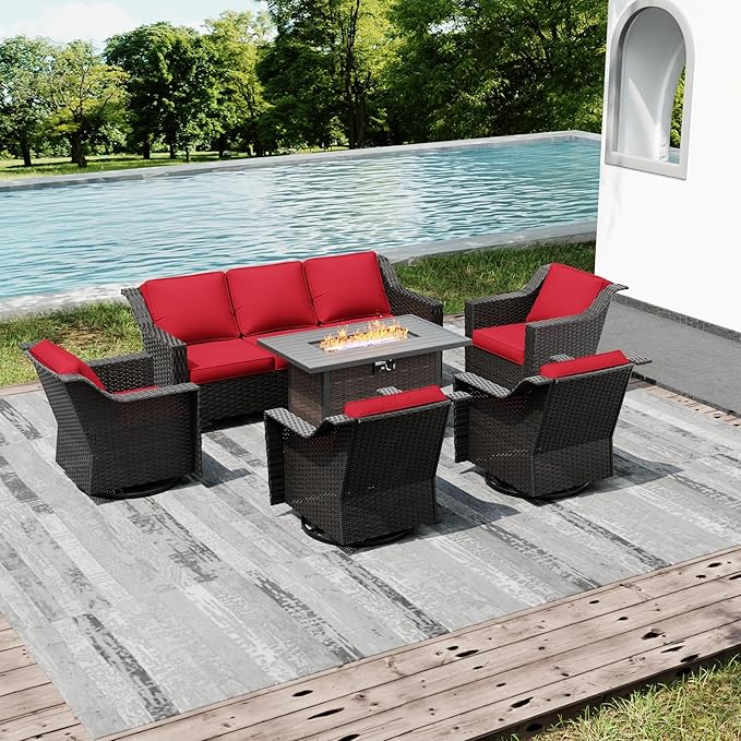 Joyside Wicker Patio Furniture Sets, 8 Pieces Upgraded Large Size Outdoor Furniture with 4 Swivel Rocking Patio Chairs, 3-Seat Sofa, Fire Table, Coffee Table, Thick Cushions, Wide Armrest, Red