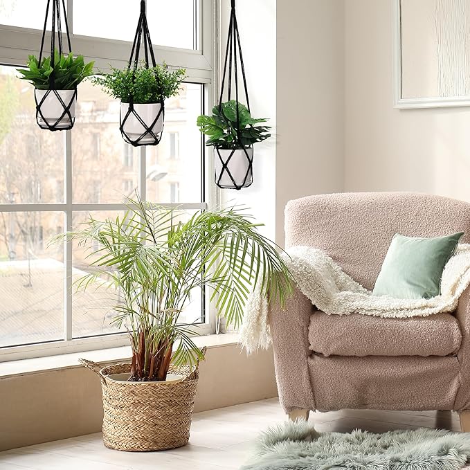 YIBOT 3 Pack Black Macrame Plant Hanger Indoor Hanging Planter Basket with 3 Hooks, 35"/29"/23" Crochet Plant Holder Stand No Tassels for Indoor Outdoor Boho Home Decor (POTS NOT Included)
