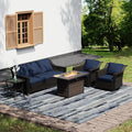 Joyside Wicker Patio Furniture Sets, 5 Pieces Upgraded Large Size Outdoor Furniture with Swivel Rocking Patio Chairs, 3-Seat Sofa, Fire Table, Coffee Table, Thick Cushions, Wide Armrest, Blue