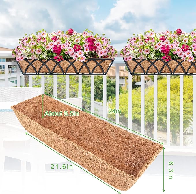 Y&M 2Pcs 24" Trough Coco Fiber Replacement Liner, Pre-Formed Window Deck Coco Liner, Natural Coconut Planter for Wall Hanging Basket, Window Box, Fence, Railing