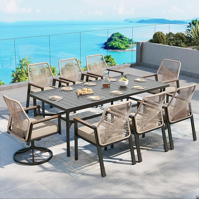 Patio Dining Set 9 Piece, 6 Woven Rattan Fixed Chairs and 2 Swivel Chairs with Waterproof Cushion, 83" Metal Rectangular Table with Umbrella Hole, Outdoor Table Set for Backyard Lawn Deck, Beige