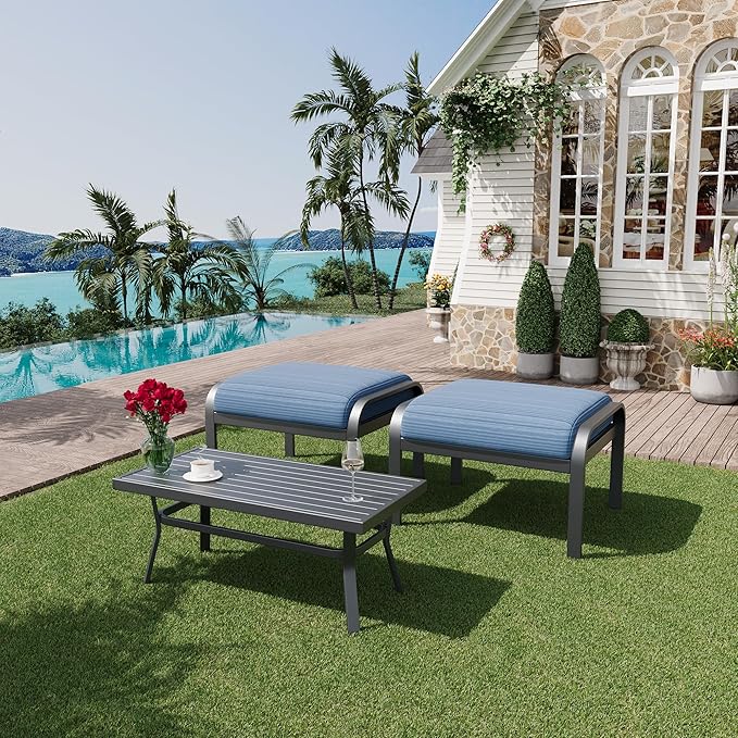 HOMREST Metal Outdoor Ottoman, 3-Piece Aluminum Footstool w/Removable Cushion, Multipurpose Footrest Stool with Coffee Side Table Additional Seating, Set of 3 Outdoor Ottomans for Patio Deck (Blue)