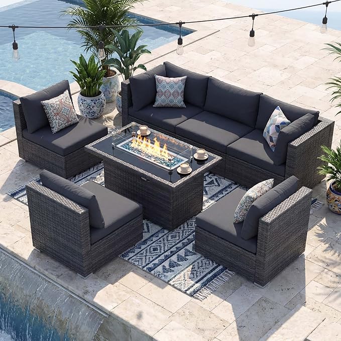 NICESOUL Extra Large Rattan Patio Furniture Set with Gas/Propane Fire Pit Table, 29.3'' High Back Comfy Outdoor Sofa Conversations, 7 Piece Moden Deep Wide Seated Sectional Couch for Backyard, Gray