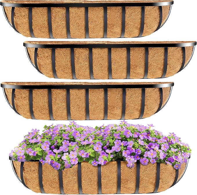 HFHOME 30" Window Box Deck Railing Planter with Horse Trough Coco Liners, Black Metal Hanging Flower Planters Baskets for Indoor, Outdoor, Balcony, Porch, Fence, Patio, and Lawn (Set of 4)