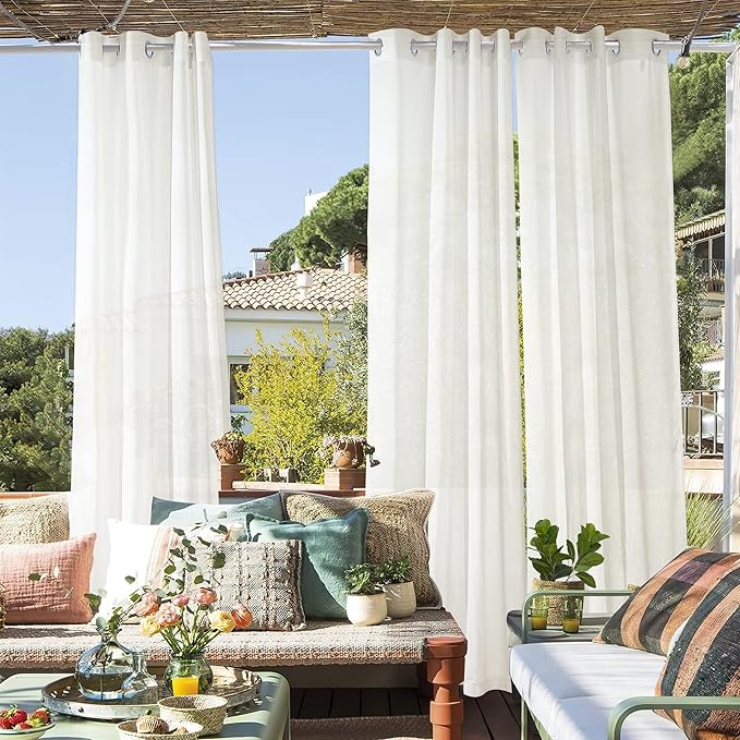 RYB HOME Sheer Curtains for Patio Outdoor, Linen Textured White Panel Grommet Top Waterproof Light Diffused Drapes for Porch Gazebo Deck, 2 Pieces with Tieback Ropes, W52 x L 96 inches