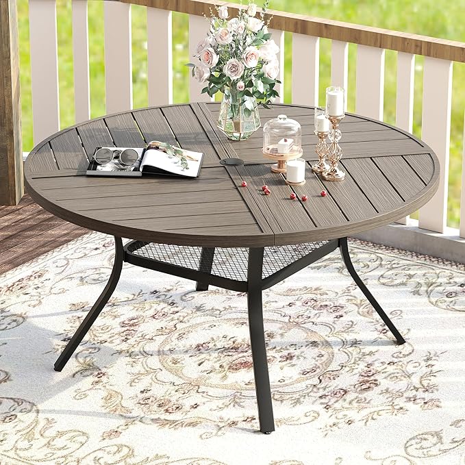 VICLLAX Round Patio Table with Adjustable Umbrella Hole for 6, All Weather Metal Outdoor Dining Table for Lawn Garden, 47.2" Outdoor Coffee Table, Grey Wood-Like Tabletop