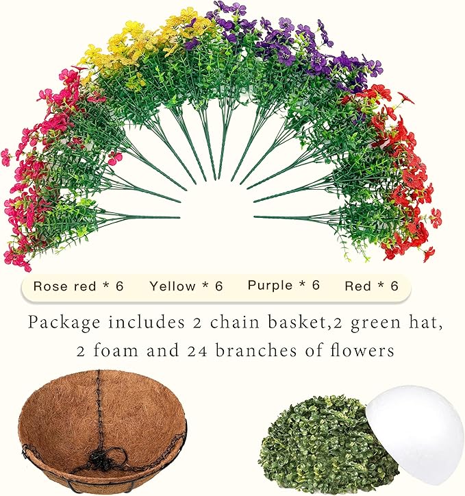 Senjie 2 Set Artificial Hanging Flowers with Basket for Outdoor Decor, UV Resistant 24 Bundles Faux Flowers Fake Hanging Planter for Porch Patio Balcony