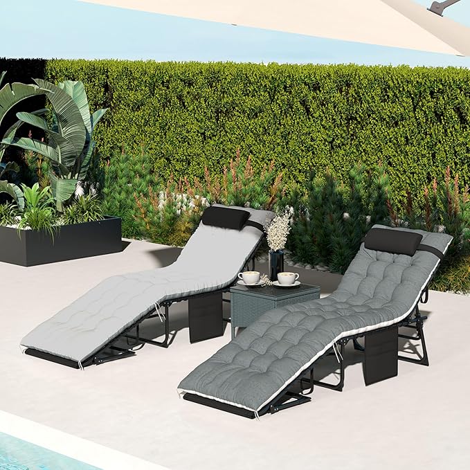 Outsunny Chaise Lounge Chair Outdoor Set of 2, 5-Position Adjustable Outdoor Pool Lounge Chairs, Folding Tanning Chair Beach Lounger with Cushion, Headrest, Side Pocket for Patio, Yard, Black/Gray